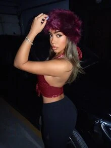 SHEIN ICON Lace Up Front PU Leather Halter Red Top - Burgundy - View 2