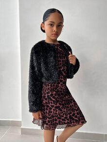 SHEIN 少女款柔軟優雅長袖人造貂毛外套，適合秋冬穿著 - 黑色 - 查看 6