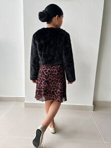 SHEIN 少女款柔軟優雅長袖人造貂毛外套，適合秋冬穿著 - 黑色 - 查看 3
