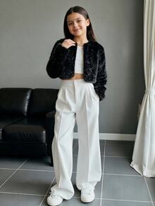 SHEIN 少女款柔軟優雅長袖人造貂毛外套，適合秋冬穿著 - 黑色 - 查看 7