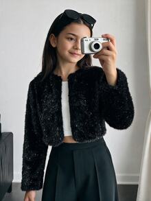 SHEIN 少女款柔軟優雅長袖人造貂毛外套，適合秋冬穿著 - 黑色 - 查看 13