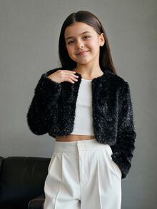 SHEIN 少女款柔軟優雅長袖人造貂毛外套，適合秋冬穿著 - 黑色 - 查看 4