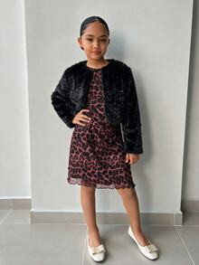 SHEIN 少女款柔軟優雅長袖人造貂毛外套，適合秋冬穿著 - 黑色 - 查看 5