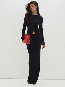 MUSEYN Black Jersey Long Sleeve Button Blouse Casual Comfortable Effortless Everyday Day Out Fall - Black - View 2