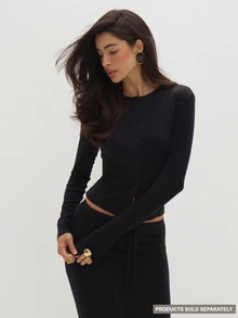 MUSEYN Black Jersey Long Sleeve Button Blouse Casual Comfortable Effortless Everyday Day Out Fall - Black - View 1