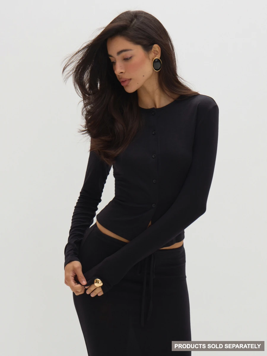 MUSEYN Black Jersey Long Sleeve Button Blouse Casual Comfortable Effortless Everyday Day Out Fall - Black - View 1