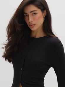 MUSEYN Black Jersey Long Sleeve Button Blouse Casual Comfortable Effortless Everyday Day Out Fall - Black - View 5