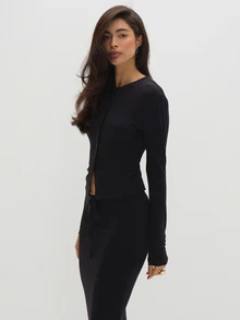 MUSEYN Black Jersey Long Sleeve Button Blouse Casual Comfortable Effortless Everyday Day Out Fall - Black - View 3
