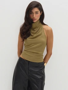 MUSEYN Khaki Olive High Neck Draped Front Backless Halterneck Top Elegant Sophisticated Flowy Everyday Casual Fall - Brown - View 4