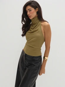 MUSEYN Khaki Olive High Neck Draped Front Backless Halterneck Top Elegant Sophisticated Flowy Everyday Casual Fall - Brown - View 1