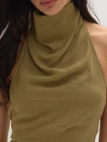 MUSEYN Khaki Olive High Neck Draped Front Backless Halterneck Top Elegant Sophisticated Flowy Everyday Casual Fall - Brown - View 6