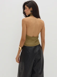 MUSEYN Khaki Olive High Neck Draped Front Backless Halterneck Top Elegant Sophisticated Flowy Everyday Casual Fall - Brown - View 2