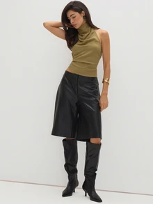 MUSEYN Khaki Olive High Neck Draped Front Backless Halterneck Top Elegant Sophisticated Flowy Everyday Casual Fall - Brown - View 5