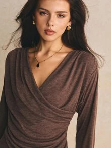 Poéselle Women's Chocolate Brown Draped Cowl-Neck Top–Ruched Long Sleeve Wrap Blouse For Date Night & Going Out Going Out Tops Brown Top Basic Top Fall/Winter - Brown - View 5