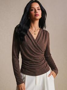 Poéselle Women's Chocolate Brown Draped Cowl-Neck Top–Ruched Long Sleeve Wrap Blouse For Date Night & Going Out Going Out Tops Brown Top Basic Top Fall/Winter - Brown - View 1