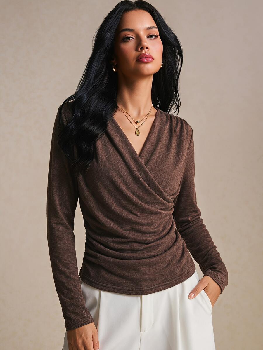 Poéselle Women's Chocolate Brown Draped Cowl-Neck Top–Ruched Long Sleeve Wrap Blouse For Date Night & Going Out Going Out Tops Brown Top Basic Top Fall/Winter - Brown - View 1
