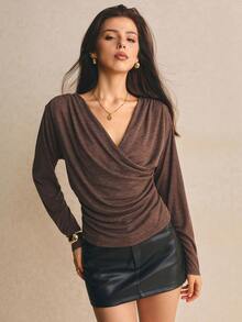 Poéselle Women's Chocolate Brown Draped Cowl-Neck Top–Ruched Long Sleeve Wrap Blouse For Date Night & Going Out Going Out Tops Brown Top Basic Top Fall/Winter - Brown - View 2
