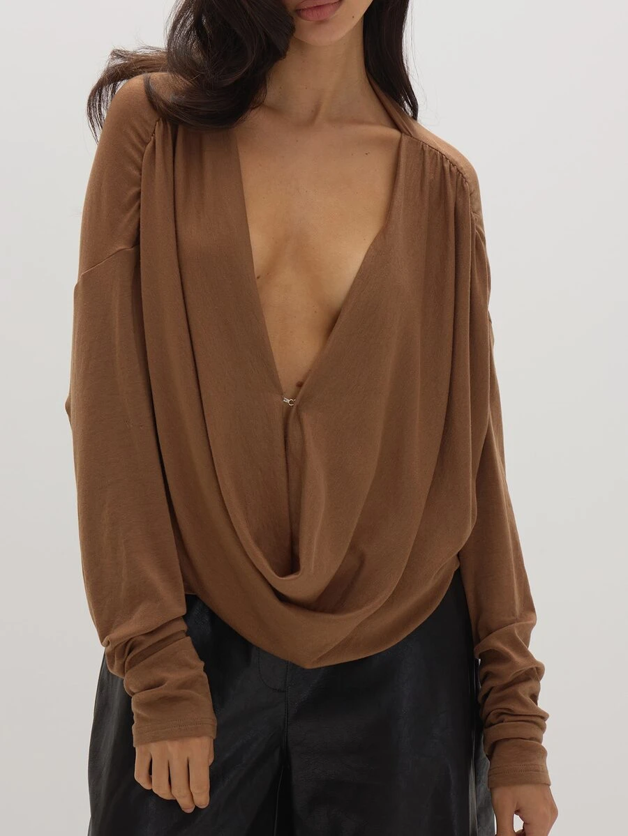 MUSEYN Brown Chocolate Jersey Cowl Neck Ruched Long Sleeve Blouse Casual Comfortable Effortless Everyday Day Out Fall - Brown - View 1