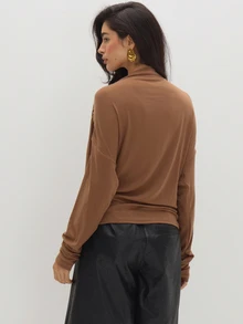 MUSEYN Brown Chocolate Jersey Cowl Neck Ruched Long Sleeve Blouse Casual Comfortable Effortless Everyday Day Out Fall - Brown - View 5
