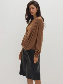MUSEYN Brown Chocolate Jersey Cowl Neck Ruched Long Sleeve Blouse Casual Comfortable Effortless Everyday Day Out Fall - Brown - View 4