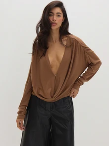MUSEYN Brown Chocolate Jersey Cowl Neck Ruched Long Sleeve Blouse Casual Comfortable Effortless Everyday Day Out Fall - Brown - View 2