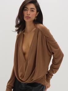 MUSEYN Brown Chocolate Jersey Cowl Neck Ruched Long Sleeve Blouse Casual Comfortable Effortless Everyday Day Out Fall - Brown - View 6