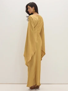 MUSEYN Gold Mustard Satin Bagwing Drape Maxi Dress Luxury Elegant Glamorous Evening Wedding Guest Fall - Khaki - View 4