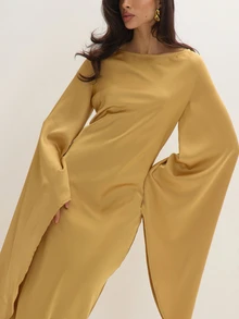 MUSEYN Gold Mustard Satin Bagwing Drape Maxi Dress Luxury Elegant Glamorous Evening Wedding Guest Fall - Khaki - View 2