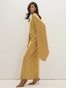 MUSEYN Gold Mustard Satin Bagwing Drape Maxi Dress Luxury Elegant Glamorous Evening Wedding Guest Fall - Khaki - View 3