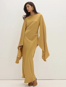 MUSEYN Gold Mustard Satin Bagwing Drape Maxi Dress Luxury Elegant Glamorous Evening Wedding Guest Fall - Khaki - View 1