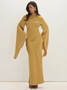 MUSEYN Gold Mustard Satin Bagwing Drape Maxi Dress Luxury Elegant Glamorous Evening Wedding Guest Fall - Khaki - View 5