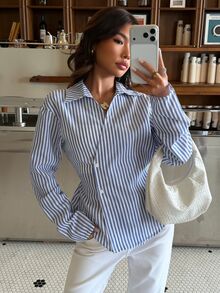 Siren Gaze Blusa de manga larga de algodón para mujer, azul a rayas, casual, estilo maestra, Y2K, con volantes, cuello en V, para festivales, vacaciones, streetwear, color verde azulado, para salir, estilo western vintage - Multicolor - Ver 13