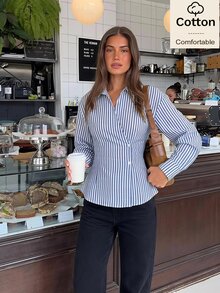 Siren Gaze Blusa de manga larga de algodón para mujer, azul a rayas, casual, estilo maestra, Y2K, con volantes, cuello en V, para festivales, vacaciones, streetwear, color verde azulado, para salir, estilo western vintage - Multicolor - Ver 8