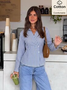 Siren Gaze Blusa de manga larga de algodón para mujer, azul a rayas, casual, estilo maestra, Y2K, con volantes, cuello en V, para festivales, vacaciones, streetwear, color verde azulado, para salir, estilo western vintage - Multicolor - Ver 4
