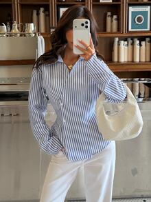 Siren Gaze Blusa de manga larga de algodón para mujer, azul a rayas, casual, estilo maestra, Y2K, con volantes, cuello en V, para festivales, vacaciones, streetwear, color verde azulado, para salir, estilo western vintage - Multicolor - Ver 10