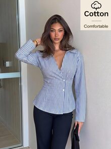 Siren Gaze Blusa de manga larga de algodón para mujer, azul a rayas, casual, estilo maestra, Y2K, con volantes, cuello en V, para festivales, vacaciones, streetwear, color verde azulado, para salir, estilo western vintage - Multicolor - Ver 9