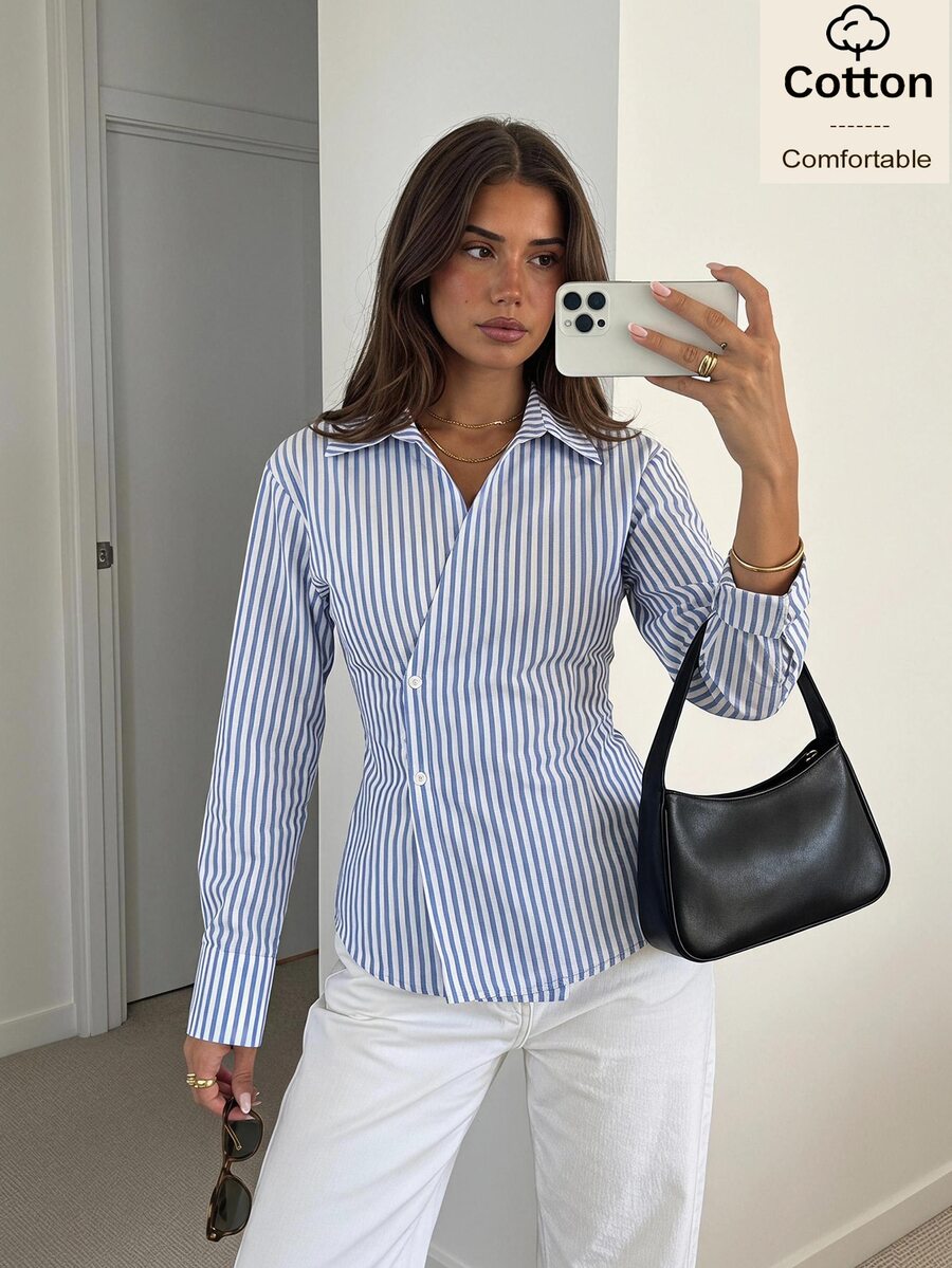 Siren Gaze Blusa de manga larga de algodón para mujer, azul a rayas, casual, estilo maestra, Y2K, con volantes, cuello en V, para festivales, vacaciones, streetwear, color verde azulado, para salir, estilo western vintage
