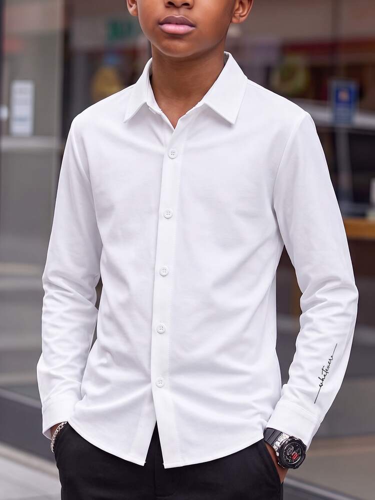Teen Boys 13-16 Years Preppy Cute Teen Streetwear Casual White Long Sleeve Button Up Shirt Lapel Collar Top Script Print Autumn Teachers' Day - White - View 5