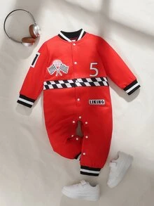 SHEIN 1件嬰兒男童賽車手格子條紋字母圖案對比飾邊長袖連身衣 幼兒嬰兒秋季套裝 - 紅色 - 查看 6