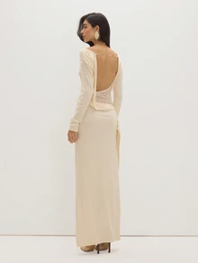 MUSEYN Cream Jersey Lace Back Long Sleeve Drape Maxi Dress Casual Comfortable Effortless Evening Wedding Guest Fall - Beige - View 5