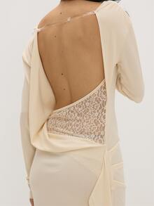 MUSEYN Cream Jersey Lace Back Long Sleeve Drape Maxi Dress Casual Comfortable Effortless Evening Wedding Guest Fall - Beige - View 4