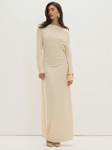MUSEYN Cream Jersey Lace Back Long Sleeve Drape Maxi Dress Casual Comfortable Effortless Evening Wedding Guest Fall - Beige - View 1