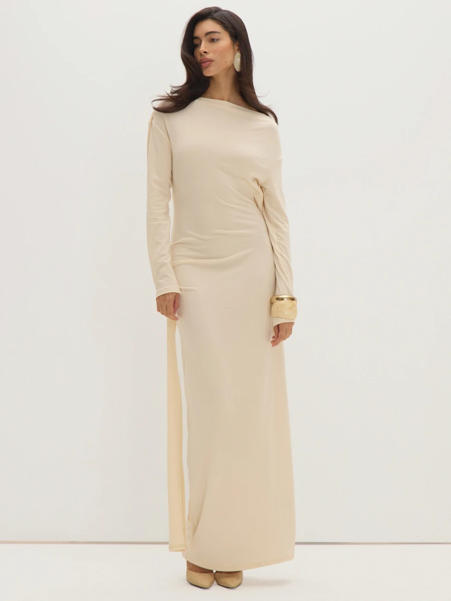 MUSEYN Cream Jersey Lace Back Long Sleeve Drape Maxi Dress Casual Comfortable Effortless Evening Wedding Guest Fall - Beige - View 1