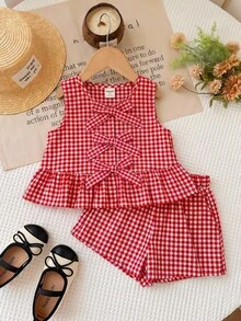SHEIN LMoss Kids Young Girl Plaid Bow Decor Vest And Shorts Casual Set - Multicolor - View 1