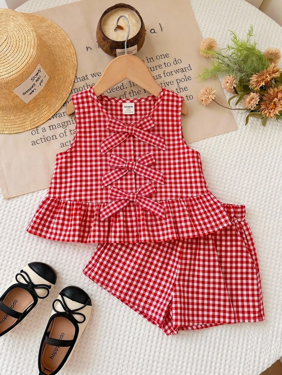 SHEIN LMoss Kids Young Girl Plaid Bow Decor Vest And Shorts Casual Set - Multicolor - View 1