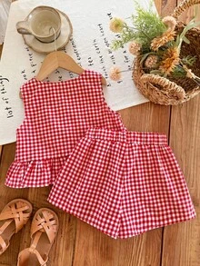 SHEIN LMoss Kids Young Girl Plaid Bow Decor Vest And Shorts Casual Set - Multicolor - View 2