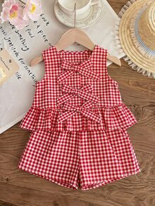 SHEIN LMoss Kids Young Girl Plaid Bow Decor Vest And Shorts Casual Set - Multicolor - View 3