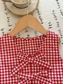 SHEIN LMoss Kids Young Girl Plaid Bow Decor Vest And Shorts Casual Set - Multicolor - View 4