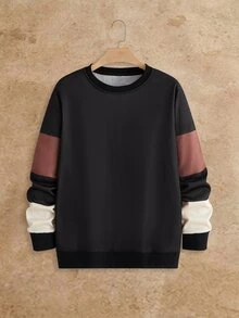 HIMLAND Men Black Color Block Sweatshirt Long Sleeve Crew Neck Patchwork Relaxed Fit Casual Pullover Streetwear Soft Fabric Daily Wear Autumn Spring Style Top - Multicolor - View 5