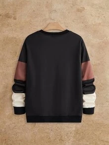 HIMLAND Men Black Color Block Sweatshirt Long Sleeve Crew Neck Patchwork Relaxed Fit Casual Pullover Streetwear Soft Fabric Daily Wear Autumn Spring Style Top - Multicolor - View 2